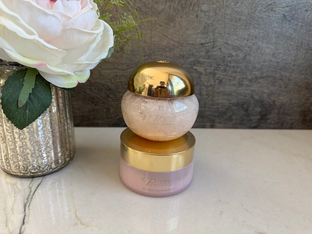 Almond & Lotus Aromatic Body Butter + Salt Scrub by Premier Dead SeaDuo
