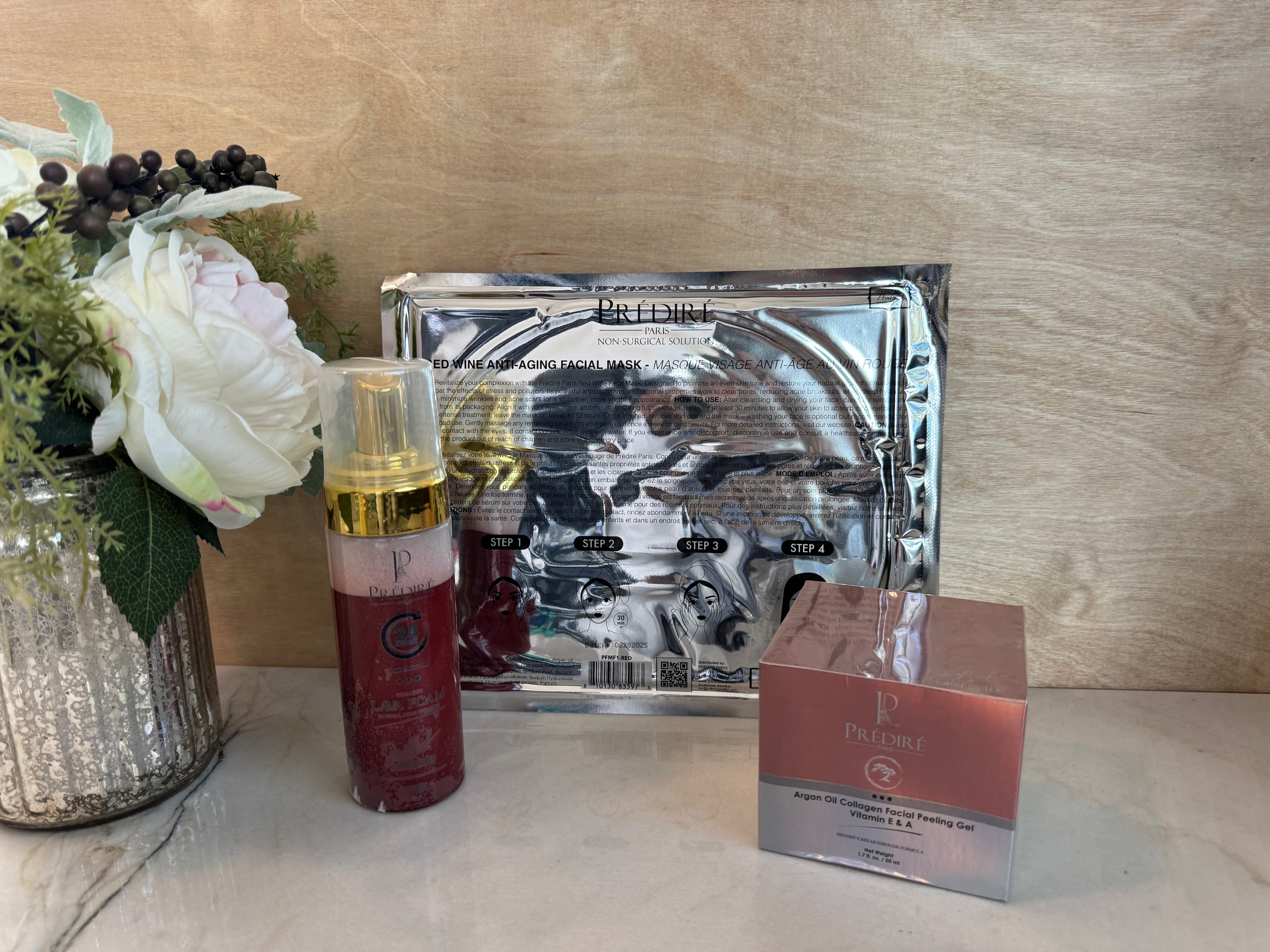 Red Lava Foam Facial cleanser + Red Wine Anti-Aging Facial mask + Collagen Cell Renewal Argan Oil Peeling Gel